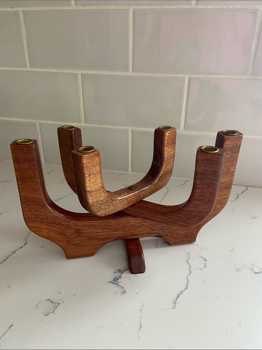 Vintage MCM Teak Modular 6 Light Wooden Candelabra Candle Holder